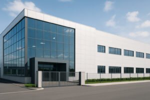 Modern factory building with glass facade and front gate.